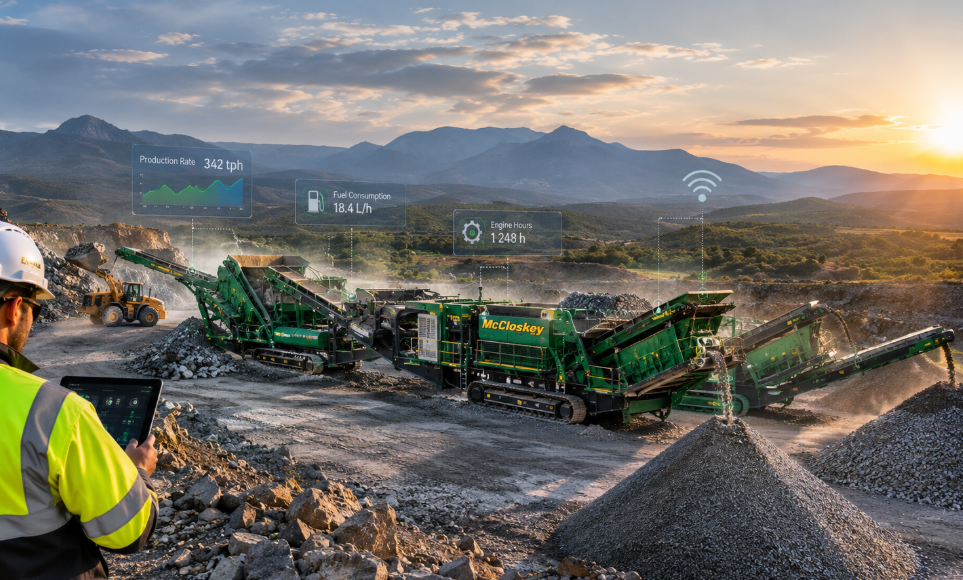 Eco-Match mobile crushing and screening plant producing aggregate on a remote wind farm, turbines on the ridge